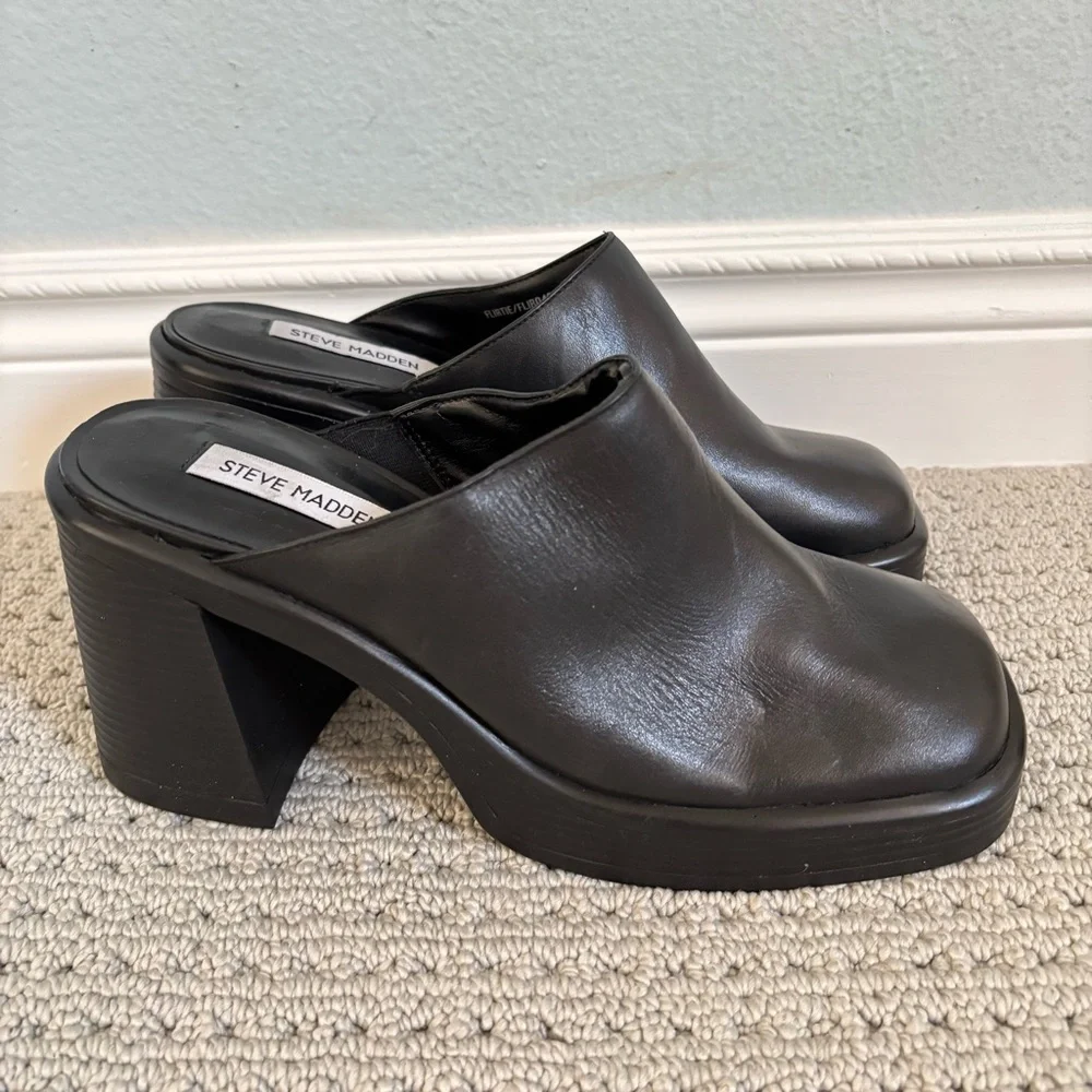 New Steve Madden Flirtie Black Leather Platform Mules with Heel Size 8.5 - Picture 3 of 6